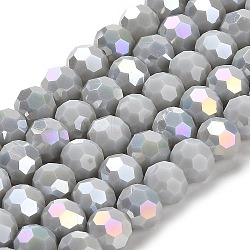 Opaque Glass Beads Stands, AB Color, Faceted(32 Facets), Round, Light Grey, 8x7~7.5mm, Hole: 1.5mm, about 66pcs/strand, 18.82~19.06 inch(47.8~48.4cm)(EGLA-A035-P8mm-B22)