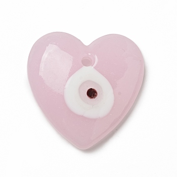 Handmade Evil Eye Lampwork Pendants, Heart Charms, Pearl Pink, 35x35x8.5mm, Hole: 3mm