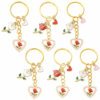 6Pcs 2 Colors Flower Alloy Enamel Keychain, with Iron Rings, Golden, Mixed Color, 71mm, 2pcs/style
