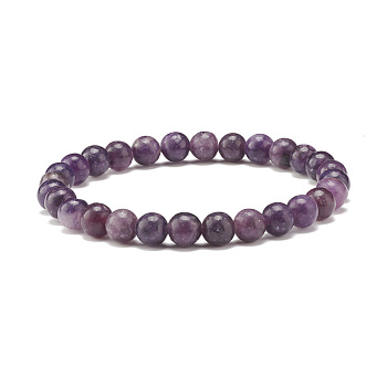 Natural Lepidolite/Purple Mica Round Beaded Stretch Bracelet, Gemstone Jewelry for Women, Beads: 6.5mm, Inner Diameter: 2-1/4 inch(5.7cm)