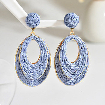 Oval Raffia Dangle Stud Earrings, Golden, Light Steel Blue, 70x34mm