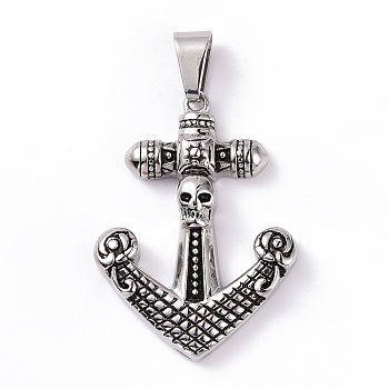 Anchor with Skull 304 Stainless Steel Big Pendants, Antique Silver, 50x37x8mm, Hole: 6.5x12mm