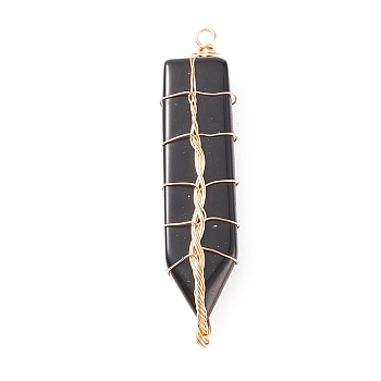 Natural Obsidian Big Pendants, with Light Gold Tone Copper Wire Wrapped, Sword, 61~63x13.5~15x7.5~8mm, Hole: 3.5mm