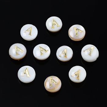 Natural Freshwater Shell Beads, with Golden Plated Brass Etched Metal Embellishments, Flat Round with Letter, Seashell Color, Letter.A, 6x4mm, Hole: 0.8mm
