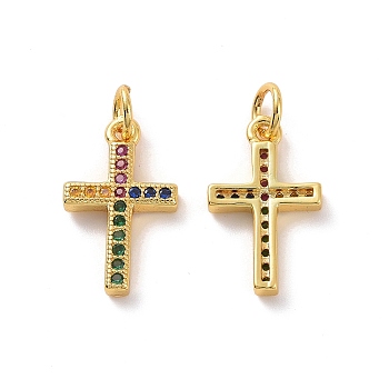 Brass Micro Pave Colorful Cubic Zirconia Pendants, with Jump Ring, Cross Charm, Real 18K Gold Plated, 17x10.5x2.5mm, Hole: 3.5mm