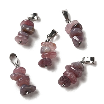 Natural Purple Aventurine Chip Pendants, Lucky Charms with Stainless Steel Color Plated Stainless Steel Snap on Bails, 24~27x11~14x7~10mm, Hole: 7x4mm