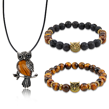Alloy Owl Pendant Necklace & Beaded Stretch Bracelets, Natural Tiger Eye & Lava Rock Jewelry Set for Women, 20-1/2 inch(52cm), 2-1/8~2-1/4(5.3~5.6cm), 3Pcs/set