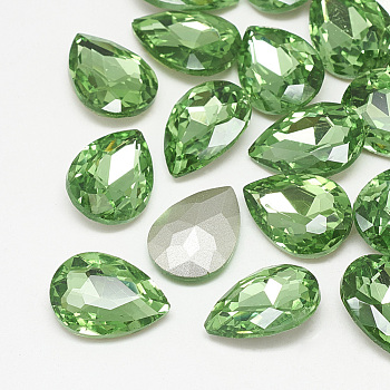 Pointed Back Glass Rhinestone Cabochons, Back Plated, Faceted, teardrop, Peridot, 10x7x4mm