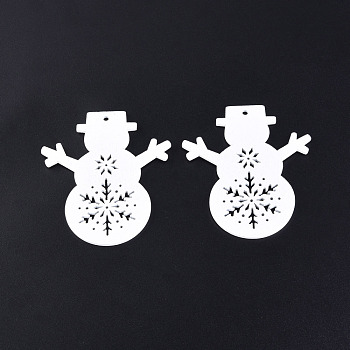 Christmas Theme Spray Painted Wood Big Pendants, Snowman Charm with Hollow Snowflake, White, 67x59x2mm, Hole: 3mm