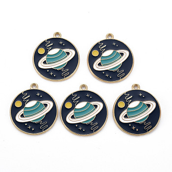 Rack Plating Alloy Enamel Pendants, Cadmium Free & Nickel Free & Lead Free, Flat Round with Planet, Light Gold, Prussian Blue, 27x24x1.5mm, Hole: 1.6mm