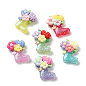 Resin Cabochons, Glitter Galoshes with Flower, Mixed Color, 24.5x22.5x7.5mm