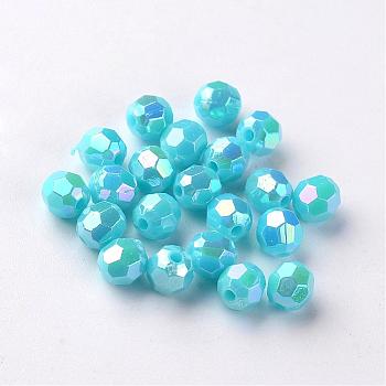 AB Color Plated Eco-Friendly Poly Styrene Acrylic Round Beads, Faceted, Deep Sky Blue, 8mm, Hole: 1mm, about 2000pcs/500g