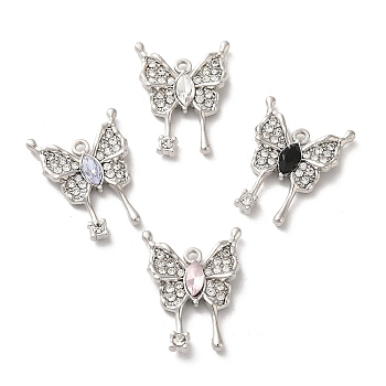 Alloy Crystal Rhinestone Pendant, with Glass, Platinum, Lead Free & Cadmium Free, Butterfly Charm, Mixed Color, 22.5x17x3mm, Hole: 1.4mm