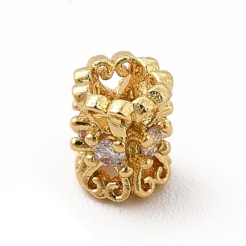 Rack Plating Brass Cubic Zirconia Beads, Cadmium Free & Lead Free, Long-Lasting Plated, Column with Floral Pattern, Real 18K Gold Plated, 4x5mm, Hole: 1.4mm