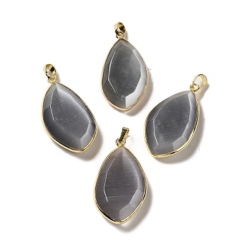 Cat Eye Pendants, with Rack Plating Brass Loops, Oval Charm, Gray, 36~36.5x19.5~20x6~6.5mm, Hole: 6.5x3.5mm