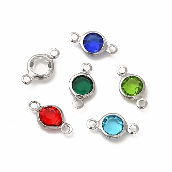 304 Stainless Steel with Glass Connector Charms, Flat Round Links, Stainless Steel Color, Mixed Color, 12.5x7x2mm, Hole: 1.5mm