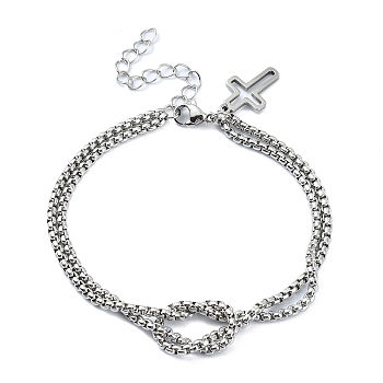 304 Stainless Steel Hollow Cross Charm Bracelet with Double Layer Box Chains, Stainless Steel Color, 7-1/2 inch(18.9cm)
