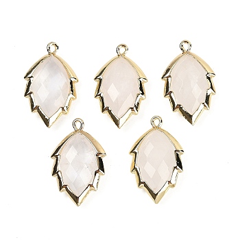 Natural Quartz Crystal Faceted Leaf Pendants, Rack Plating Brass Rock Crystal Charms, Golden, 23x13.5x5.5mm, Hole: 1.2mm