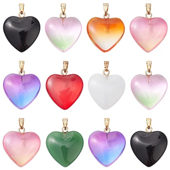 10Pcs 8 Style Spray Painted Glass Pendants, with Golden Plated Iron Bails, Heart Charms, Mixed Color, 22x20.5x7mm, Hole: 6x2mm