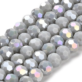 Opaque Glass Beads Stands, AB Color, Faceted(32 Facets), Round, Light Grey, 8x7~7.5mm, Hole: 1.5mm, about 66pcs/strand, 18.82~19.06 inch(47.8~48.4cm)
