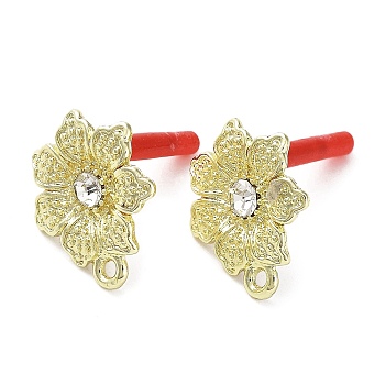 Rack Plating Alloy Flower Stud Earrings Finding, with Rhinestone & Horizontal Loops & 304 Stainless Steel Pin, Cadmium Free & Nickel Free & Lead Free, Golden, 17x14.5mm, Hole: 1.5mm, Pin: 0.6mm