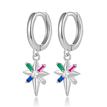 Star 925 Sterling Silver Dangle Hoop Earrings, with Colorful Cubic Zirconia, Silver, 21x7mm