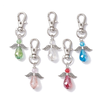 Angel Glass Beads Pendants Decorations, with Alloy Swivel Lobster Claw Clasps, Mixed Color, 60mm, Pendant: 22.5x9.5x9.5mm