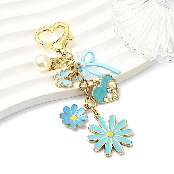 Alloy Enamel Pendant Decorations, Daisy & Butterfly & Heart & Bowknot, with 304 Stainless Steel Chain and Brass Lobster Claw Clasps, Golden, Sky Blue, 95mm