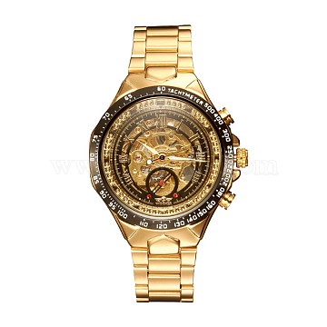 Alloy Watch Head Mechanical Watches, with Stainless Steel Watch Band, Golden, 220x18mm; Watch Head: 57x47.5x17mm; Watch Face: 35mm(WACH-L044-05G)