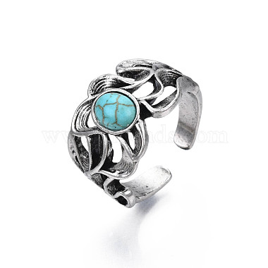 Gothic Punk Skull Alloy Open Cuff Ring with Oval Synthetic Turquoise for Men Women(RJEW-T009-53)-4
