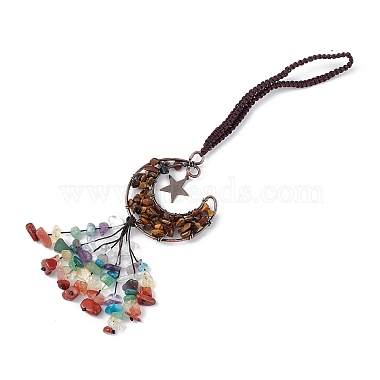 Natural Tiger Eye Moon with Mixed Gemstone Chips Tassel Pendant Decorations(G-L524-07R-A03)-2