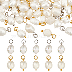 52Pcs 2 Colors Grade B Natural Cultured Freshwater Pearl Rice Charms, with 304 Stainless Steel Jump Rings, Floral White, Platinum & Golden, 13.5~15x7~7.5x5~6mm, Hole: 3.6mm, 26pcs/color(PEAR-ME0001-04)
