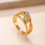 304 Stainless Steel Pave Cubic Zirconia Cuff Open Rings, Heart, Golden, Clear, US Size 4 1/4(15mm)~20mm(WG5D0C5-01)