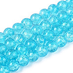 Spray Painted Crackle Transparent Glass Beads Strands, Round, Deep Sky Blue, 8mm, Hole: 1.3~1.6mm, about 100pcs/strand, 31.4 inch(CCG-Q001-8mm-06-A)