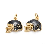 Brass Enamel Charms, with Jump Ring, Real 18K Gold Plated, Long-Lasting Plated, Lead Free & Nickel Free & Cadmium Free, Helmet, Black, 14x14.5x4mm, Jump Ring: 5x1mm, 3.5mm Inner Diameter(X-KK-C223-08G)