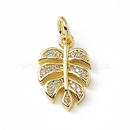 Brass Micro Pave Clear Cubic Zirconia Leaf Charms, with Open Jump Rings, Real 18K Gold Plated, 13x8.2x1.5mm, Jump Ring: 4.5x0.7mm, Inner Diameter: 3mm (ZIRC-F132-62G)