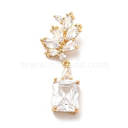 Brass Pendants, with Clear Glass, Leaf with Rectangle Charm, Real 18K Gold Plated, 32mm, Hole: 4x2.5mm(KK-I695-057G)