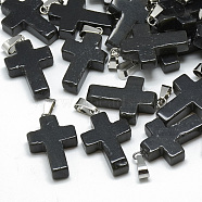 Dyed Natural Black Agate Pendants, with Stainless Steel Snap On Bails, Cross, 29~30x18~19x5~6mm, Hole: 6x4mm(G-T080-07)