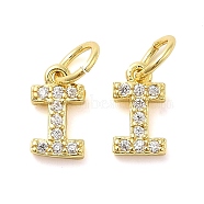 Brass Micro Pave Cubic Zirconia Pendants, with Jump Ring, Letter I, 8~9x4.5~9.5x1.5mm, Hole: 3.6mm(KK-M273-02G-I)