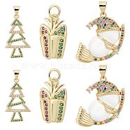 6Pcs 3 Style Christmas Theme Brass Micro Pave Cubic Zirconia Pendants, Long-Lasting Plated, Real 18K Gold Plated, Gift Box & Snowman & Tree Charm, Mixed Color, 16.5~27x10.5~18.5x2~3.5mm, Hole: 3.3~5x3.3mm, 2pcs/style(ZIRC-CN0001-02)