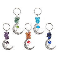 Hollow Moon Alloy Pendant Keycahin, with Gemstone Chip Beads and Mushroom Handmade Lampwork Beads, Iron Split Key Rings, 90x34.5x12mm(KEYC-JKC00593)