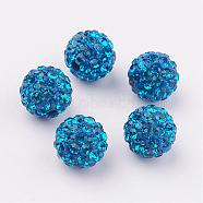Polymer Clay Rhinestone Beads, Pave Disco Ball Beads, Grade A, Round, PP15, Capri Blue, 10mm, Hole: 1.8~2mm, 6 Rows Rhinestone, PP15(2.1~2.2mm)(RB-C1438-10mm-A04)