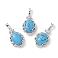 Synthetic Turquoise Oval Pendants, Platinum Tone Brass Micro Pave Clear Cubic Zirconia Flower Charms, Long-Lasting Plated, Lead Free & Cadmium Free, 30x19x10mm, Hole: 7.8x5mm(G-NH0025-15P-27)