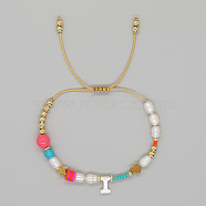 Initial Letter Natural Pearl Braided Bead Bracelet, Adjustable Bracelet, Letter I, 11 inch(28cm)(LO8834-09)