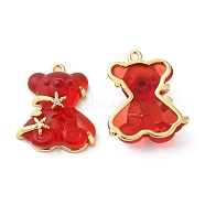 Transparent Resin Crystal Rhinestone Pendants, Bear Charms, with Rack Plating Real 18K Gold Plated Brass Findings, Long-Lasting Plated, Cadmium Free & Lead Free, Red, 23.5x20.5x9mm, Hole: 1.6mm(KK-H438-04G-10)