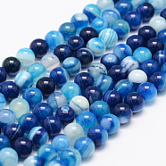 Natural Striped Agate/Banded Agate Bead Strands, Round, Grade A, Dyed, Dodger Blue, 6mm, Hole: 1mm, about 62~63pcs/strand, 14.5 inch(G-K155-B-6mm-02)