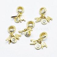 Mother's Day Theme, Brass Micro Pave Cubic Zirconia European Dangle Charms, Cadmium Free & Nickel Free & Lead Free, Word MOM, Golden, 23mm, Pendant: 9.5x6x1.5mm and 9.5x7x2mm, Hole: 4mm(OPDL-G008-03G-NR)