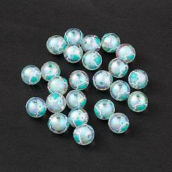 UV Plating Rainbow Iridescent Acrylic Enamel Beads, Round with Cat Paw Print, Dark Turquoise, 15~16mm, Hole: 2.3mm(OACR-I003-12A)