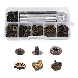 18 Sets Crown & Bowknot & Rose Flower Brass Leather Snap Buttons Fastener Kits, Including 1 Set 45# Steel Hole Punch Tool, 1Pc 45# Steel Round Base, Antique Bronze, Buttons: 18sets(SNAP-YW0001-05AB)
