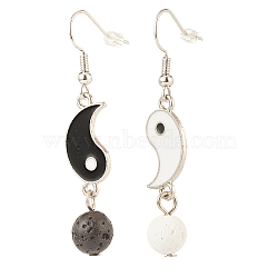 Alloy Enamel Yin Yang Matching Asymmetrical Earrings, Brass Dangle Earrings with Natural Lava Rock for Women, Black, 49mm, Pin: 0.7mm(X-EJEW-JE04894-01)